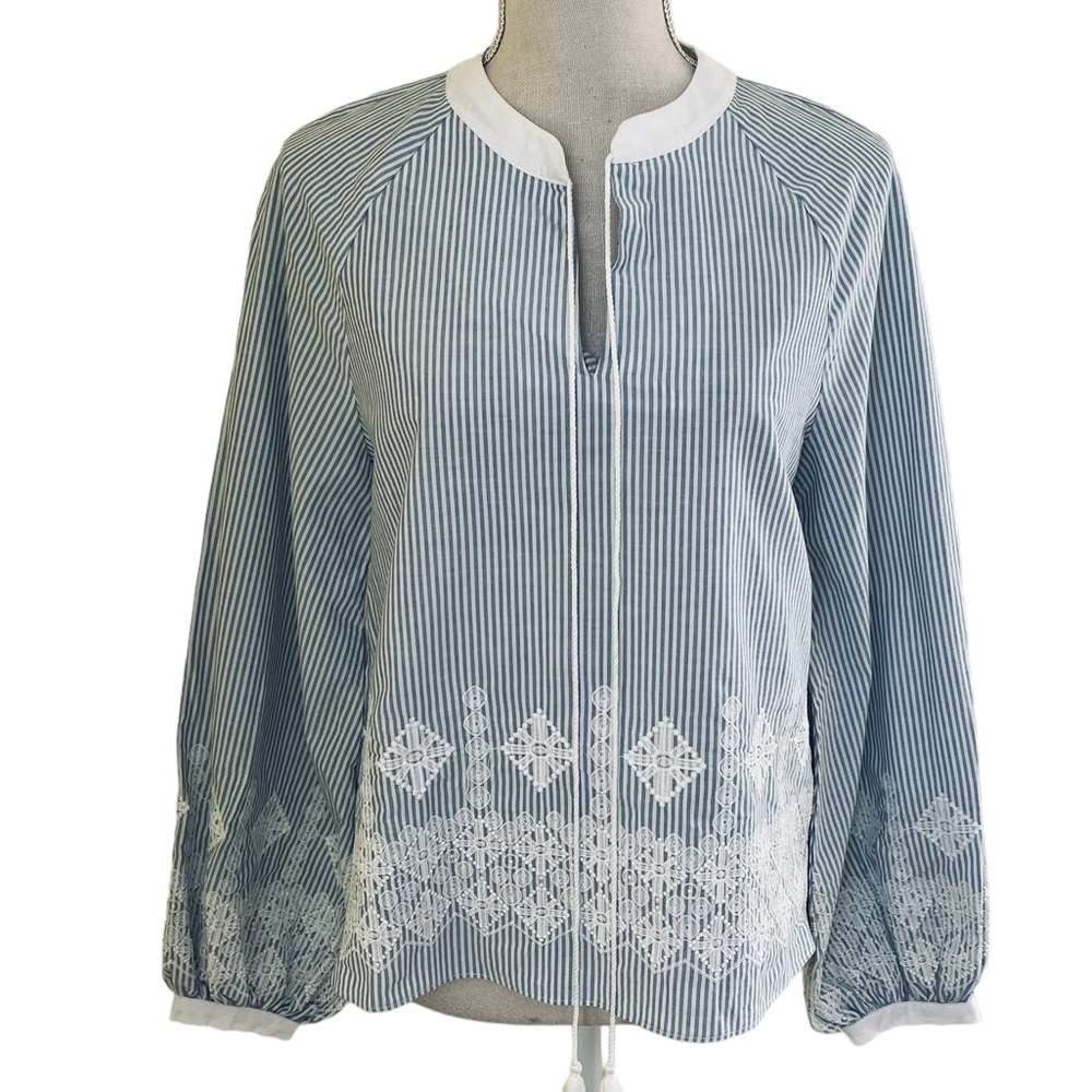 English Factory Blue and White Striped Long Sleeve Blouse with White Embroidery